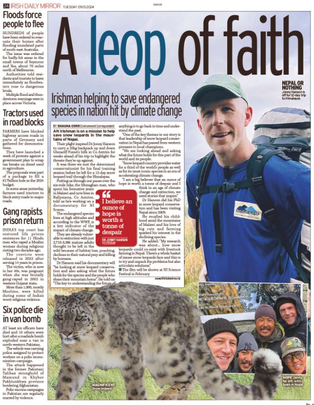 jonnyhhanson's tweet photo. In yesterday's @IrishMirror courtesy of @ShaunaReports - next time you can carry the rucksack around Glenariff!
@niscifest @NIScreen
#snowleopard #snowleopardconservation #conservationoptimism #madeinni #adventure #himalaya https://t.co/VMQoO9JUR4