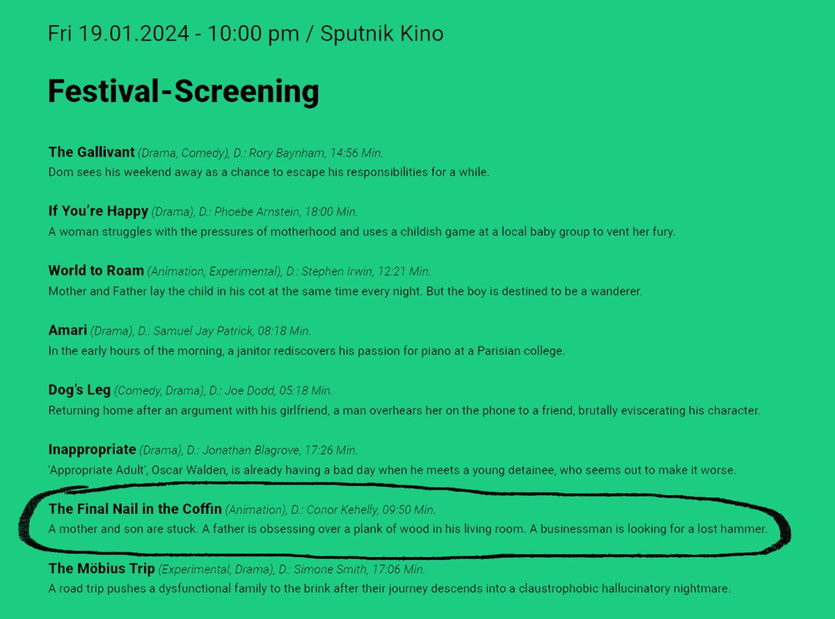 Conor Kehelly (@_kehelly_art) on Twitter photo yooooo.
Berlin - Fri 10pm at the Sputnik
my short is playing as part of the <a href="/BritishShorts/">British Shorts</a> lineup. Sadly cant be there but really happy to get my film shown in one my favourite cities yooooo.
Berlin - Fri 10pm at the Sputnik
my short is playing as part of the <a href="/BritishShorts/">British Shorts</a> lineup. Sadly cant be there but really happy to get my film shown in one my favourite cities
