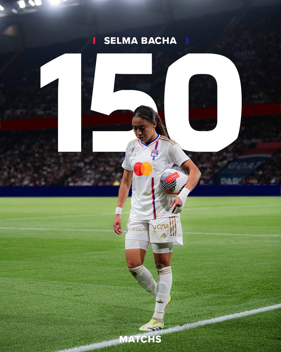 Selma Bacha va disputer son 𝟏𝟓𝟎𝐞 𝐦𝐚𝐭𝐜𝐡 sous nos couleurs. 🥰

Et elle n'a que 23 ans. #MadeInOL 🧬🔴🔵