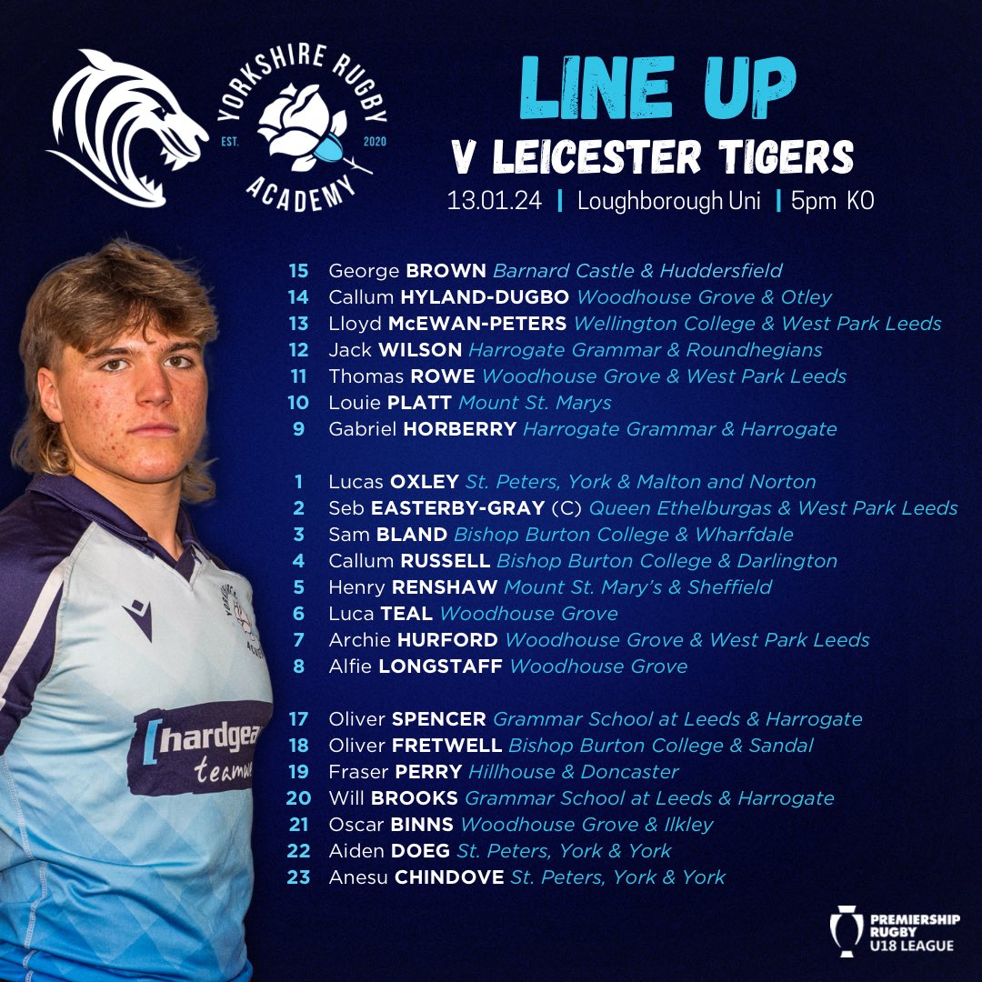 YorksRugbyAcad's tweet photo. Round 4 of @premrugby Academy League sees us return to Loughborough University as we face @LeicesterTigers 

Both sides will be looking for a strong performance to start climbing the league table!

🗓 Sat 13 Jan
🆚 Leicester Tigers 🐯
📍 Loughborough Uni
⏰ 5pm KO

#WeLeaveBetter https://t.co/NrvKVmKrX7