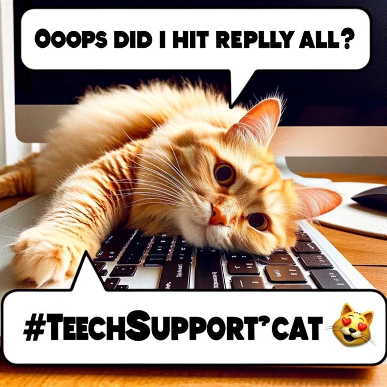 catmemeco's tweet photo. Here’s your new cat meme! “Oops, did I hit reply all? 😽 #WorkFromHomeLife #CatsOfTwitter #TechSupportCat” Perfect for sharing a laugh with fellow home office warriors and cat lovers. Let’s hear your #CatsAndKeyboards stories! 🐱💻 https://t.co/llbBB1d6xQ
