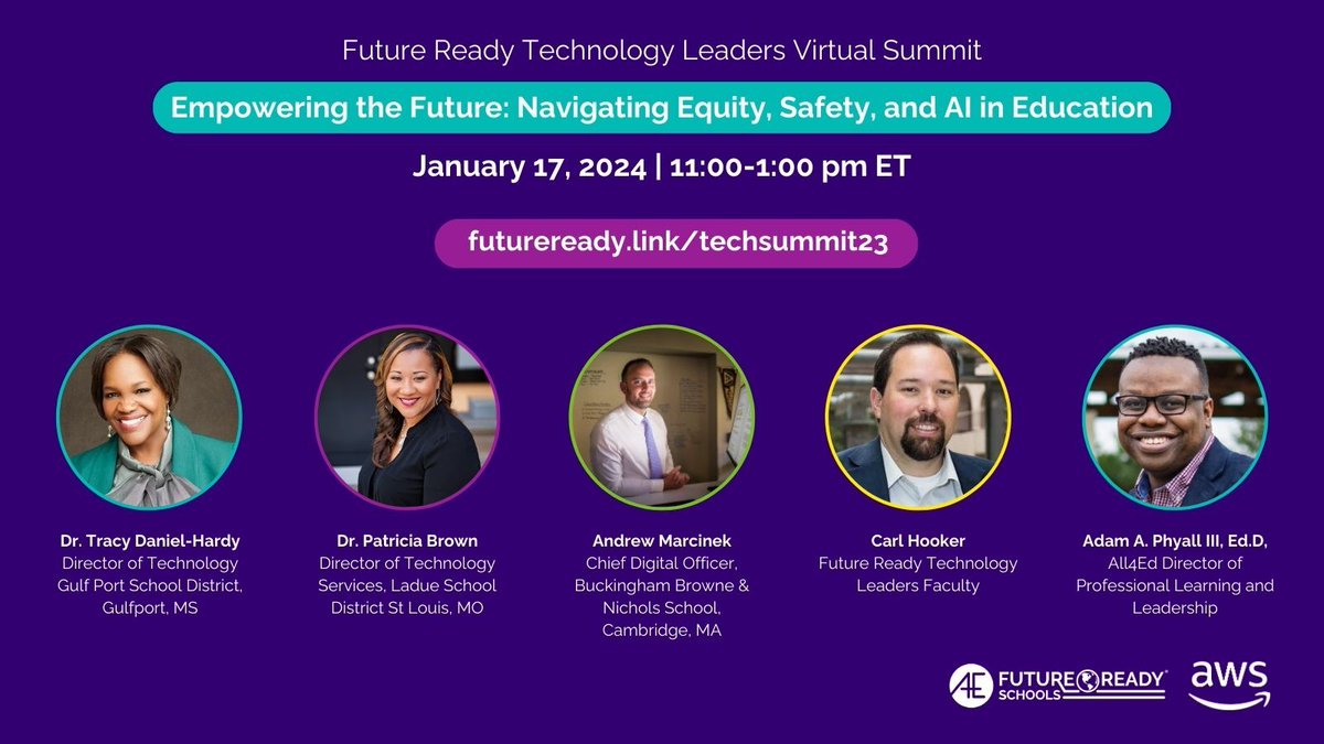 NEXT WEEK: January 17th! ❄️

Join <a href="/DrTracyDanielH1/">Dr. Tracy Daniel-Hardy</a>, <a href="/mrhooker/">Carl Hooker</a>, @msEdtechie, <a href="/andycinek/">Andrew P. Marcinek</a>, &amp; <a href="/AskAdam3/">Adam A. Phyall, III Ed.D 🤙🏾</a> for our #FutureReady Technology Leaders Virtual Summit! The summit is a FREE, virtual, interactive, high-quality professional learning exp!

Registration: all4ed.org/future-ready-v…