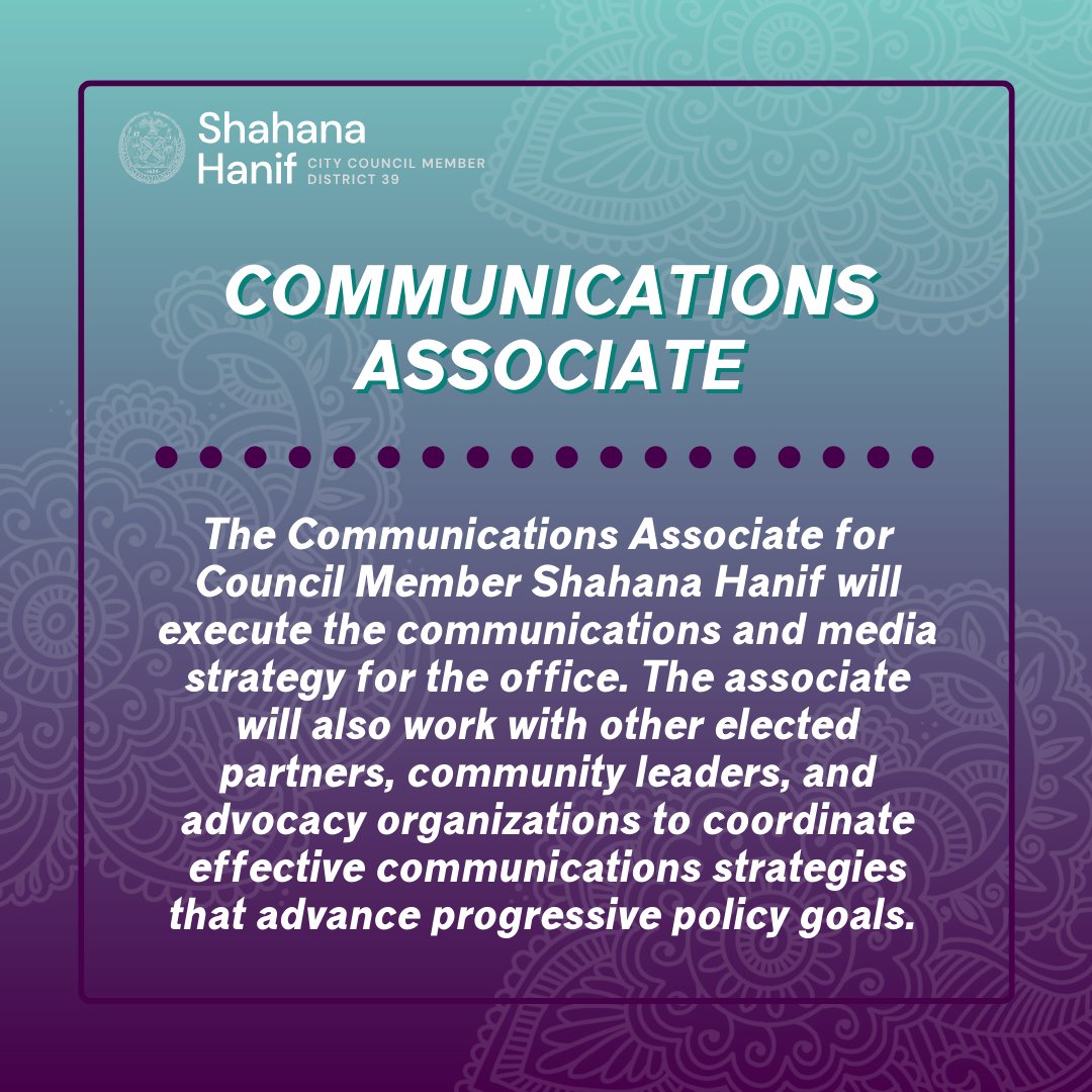 CMShahanaHanif's tweet photo. Are you interested in joining #TeamHanif to advance an anti-racist, feminist NYC? Our office is looking for a Communications Associate! Check out the job posting for more information. We’ve already started accepting applications, so apply today!
https://t.co/8AnKGb5nws https://t.co/MQX8Yus0uD
