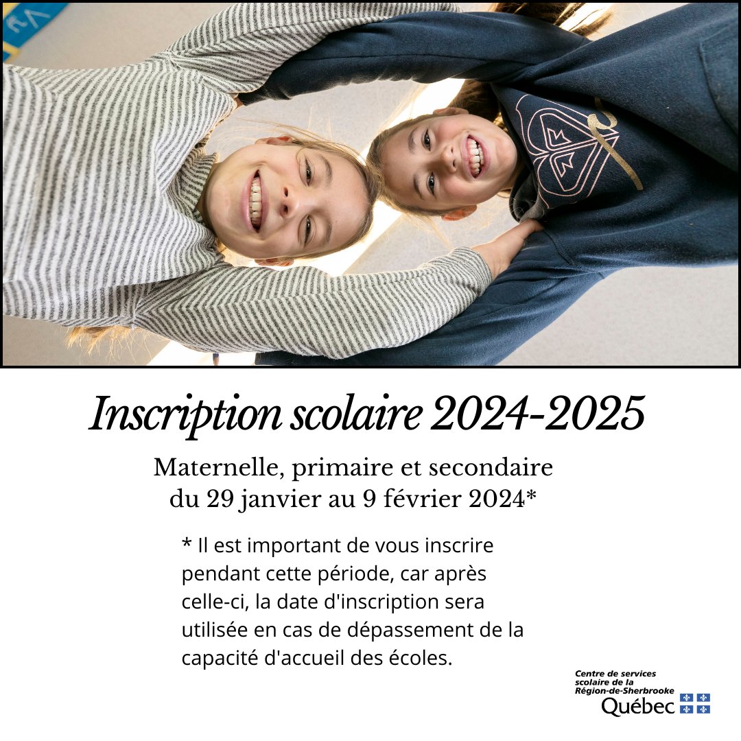 CSSsherbrooke's tweet image. PÉRIODE OFFICIELLE D&apos;INSCRIPTION 2024-2025
Maternelle, primaire et secondaire : du 29 janvier au 9 février 2024 : cssrs.gouv.qc.ca/inscription