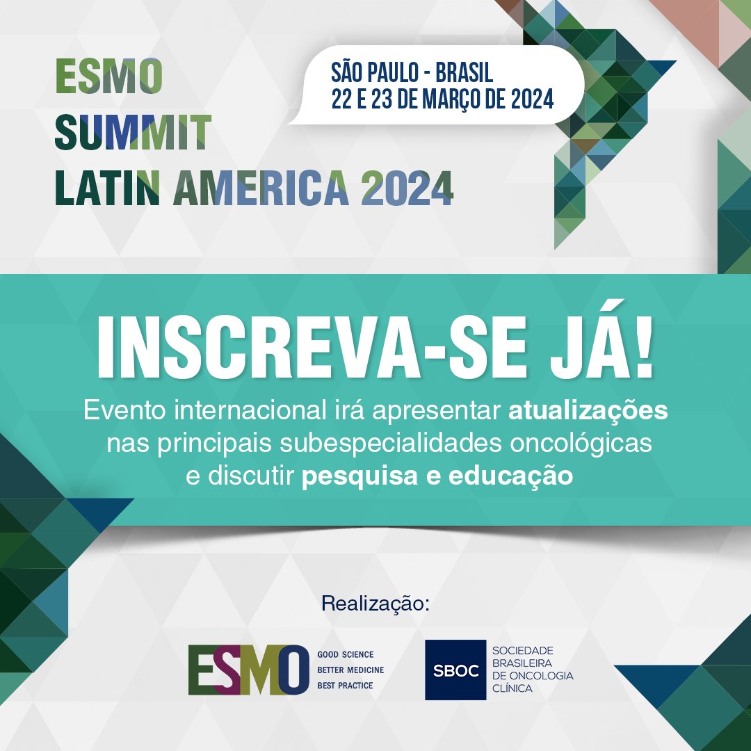 SBOC_Oncologia's tweet photo. Em 22 e 23 de março, São Paulo será sede do ESMO Summit Latin America, uma iniciativa da ESMO em parceria com a SBOC. Na programação, haverá destaque para as principais atualizações em tumores de pele, ginecológicos, gastrointestinais, pulmonares, mamários e urológicos. https://t.co/0jlnF6x3C6