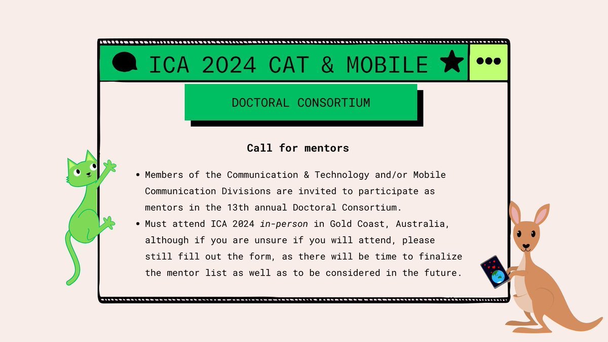 The Communication and Technology and Mobile Communication Divisions are seeking mentors for the #ICA24 Doctoral Consortium. More details here: buff.ly/48U410A