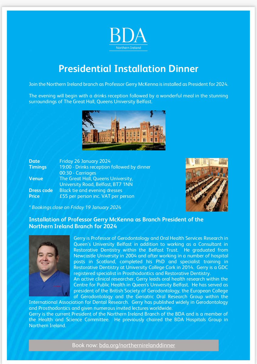 I am very honoured to be the Northern Ireland Branch President of the British Dental Association for 2024. Looking forward to seeing friends and colleagues at the Installation Dinner on Friday 26th January. @TheBDA @CPH_QUB @Gerodontology @qubengagemhls_d