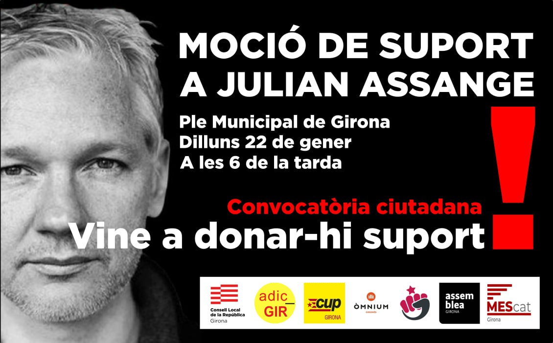 El dilluns 22 de gener, diverses entitats, partits i el <a href="/clxrgirona/">@CLxRGirona</a> presentem una moció al Ple de <a href="/Girona_Cat/">Ajuntament de Girona</a> de suport a #JulianAssange per rebutjar la seva extradició i demanar el seu alliberament

T'esperem a les 18 hores per donar-hi suport
<a href="/LlibPremsaCat/">LlibertatPremsaCAT</a>