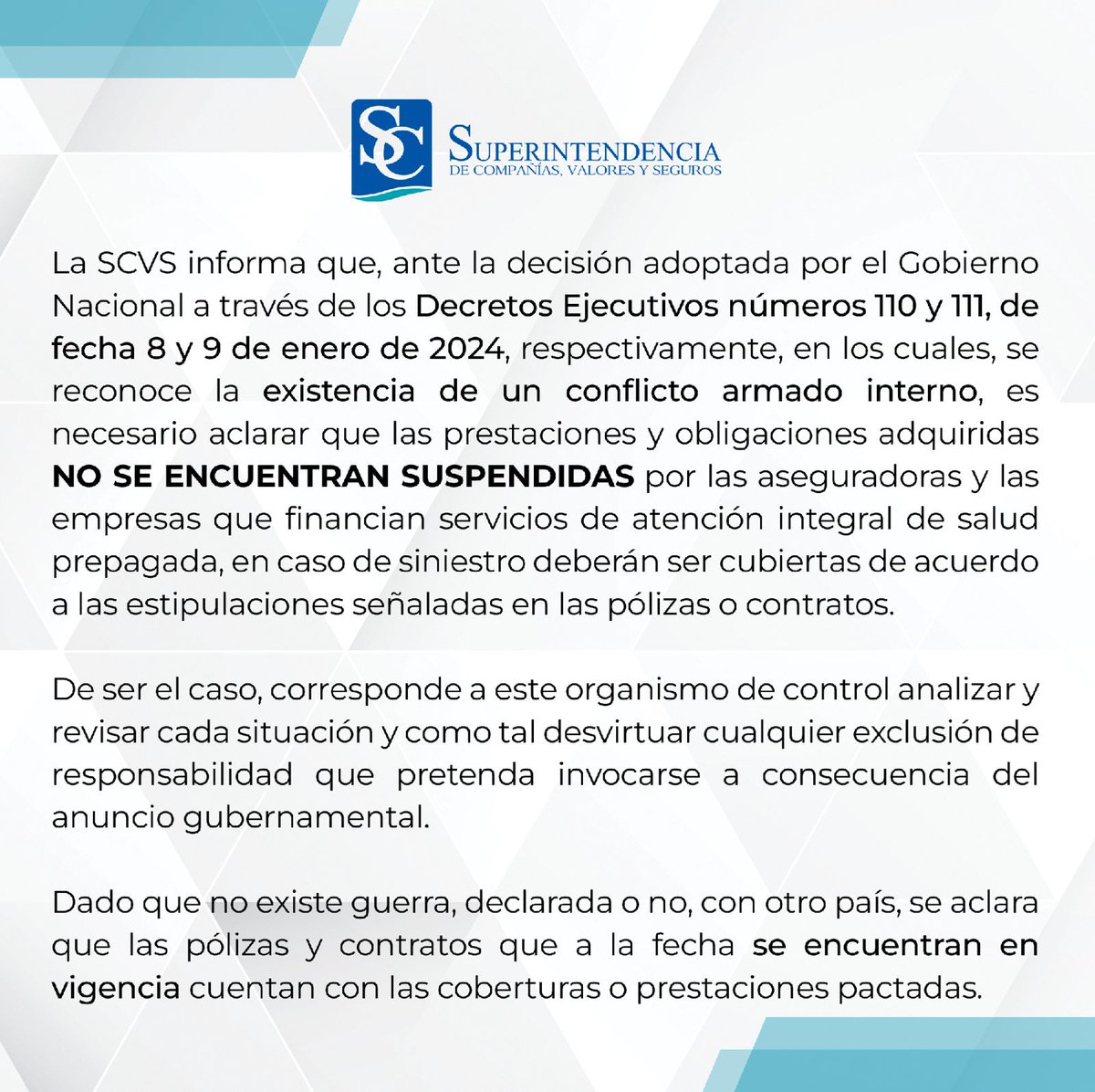 SuperintEC's tweet photo. 📣 Información importante.

Las prestaciones y obligaciones adquiridas no se encuentran suspendidas por las aseguradoras y empresas de medicina prepagada. https://t.co/Q8rby8cW4I