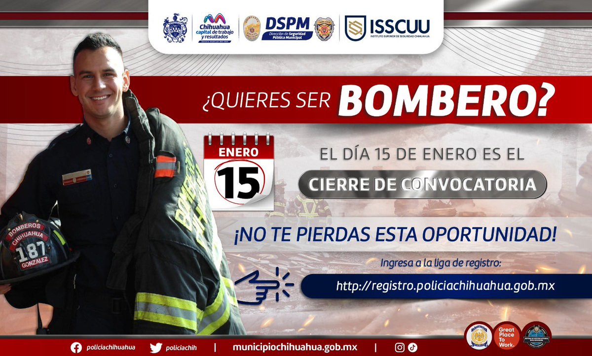 ¡Atención! informamos que este 15 de enero es el último día de convocatoria para pertenecer al Heroico Cuerpo de Bomberos del Municipio de Chihuahua.🧑‍🚒🚒 Regístrate en: 👉 registro.policiachihuahua.gob.mx. #TrabajoyResultados