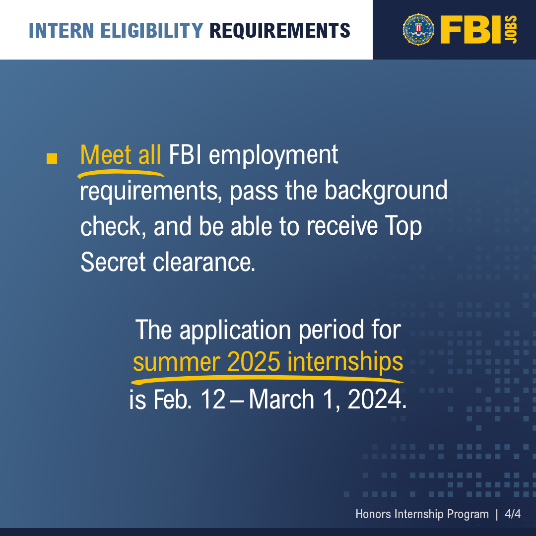 Students, do you want an #internship that sets you apart from your peers? Explore potential #FBI career paths, broaden perspectives, and acquire critical skills during the 2025 Honors Internship Program. Applications open Feb. 12 to March 1. #FBIJobs ow.ly/vAXC50QpaWs