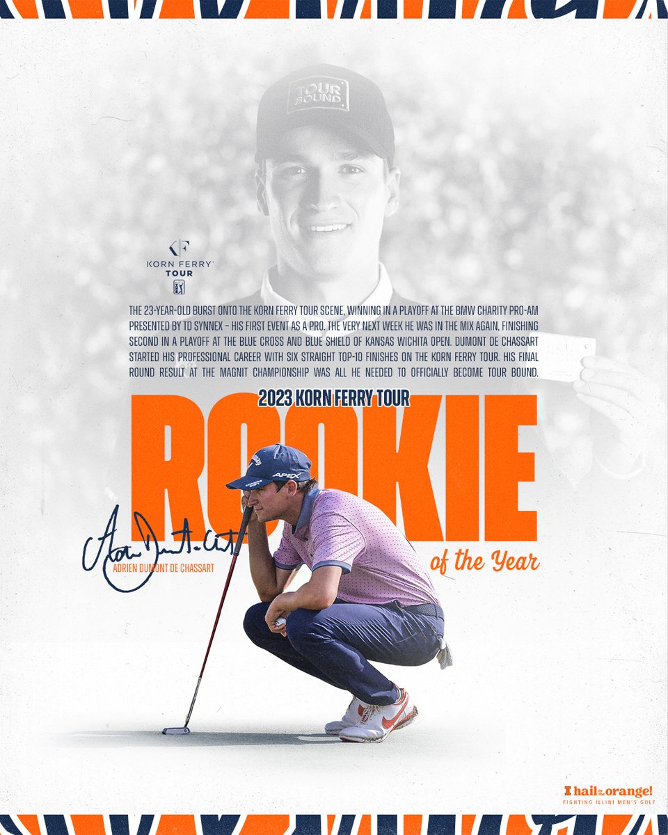 Illinois Menβs Golf (@illinimgolf) on Twitter photo Not afraid of expectations.
<a href="/adrienddc/">Adrien Dumont de Chassart</a> is the Korn Ferry Tour Rookie of the Year.
#Illini // #HTTO Not afraid of expectations.
<a href="/adrienddc/">Adrien Dumont de Chassart</a> is the Korn Ferry Tour Rookie of the Year.
#Illini // #HTTO