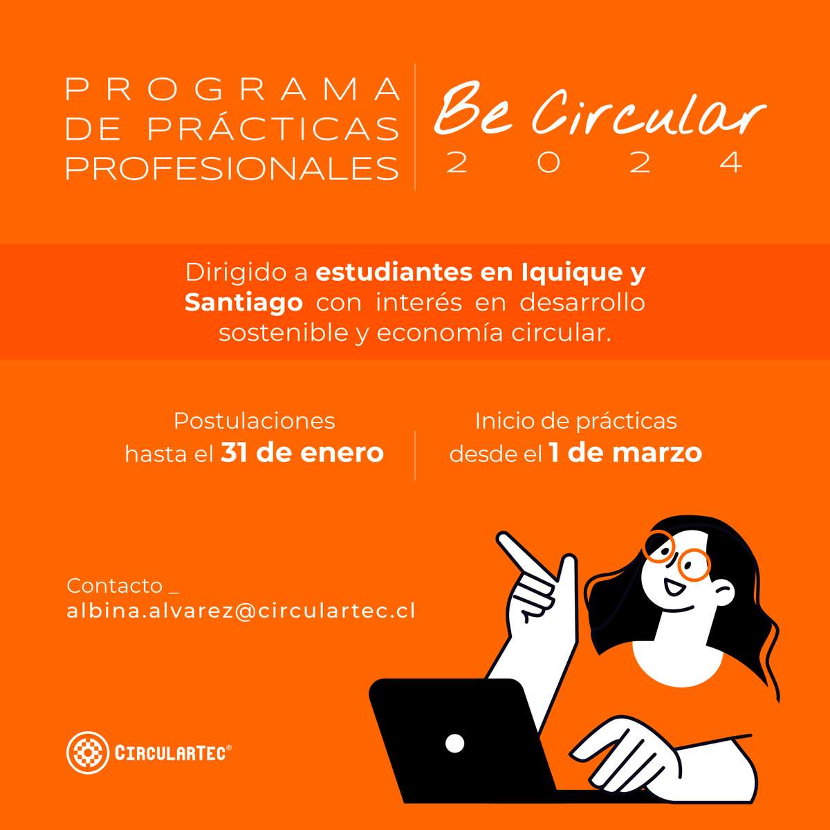 circular_tec's tweet photo. ⭕📝 ¡Realiza tu práctica profesional en CircularTec! Si te interesa especializarte en #economíacircular y #sostenibilidad, te invitamos a postular a #BeCircular hasta el 31 de enero.
🔗 Todos los detalles: https://t.co/58VItBg7T6 https://t.co/817CmyfOkN