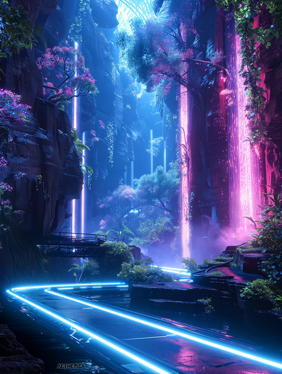AethericaX's tweet photo. Location: The Garden District
You go on a night time walk to remember, watching the flow of the cascading neon waterfalls
World: #CodexNeon | #Worldbuilding | #MidjourneyV6 | #ConceptArt