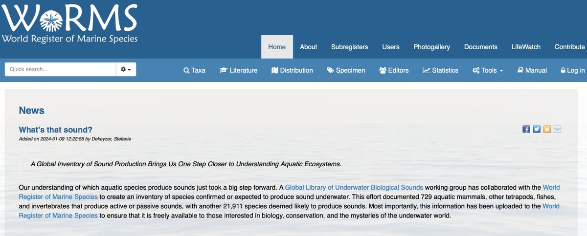 Bioacoustics is now part of the World Register of Marine Species! A momentous effort by 19 authors from 6 countries. Made possible by @fishsoundsweb @GLUBS1 @MERIDIAN_CFI @SFUResearch @NSERC_CRSNG @LiberEroFellows @WRMarineSpecies and others! WORMS New: marinespecies.org/news.php?p=sho…