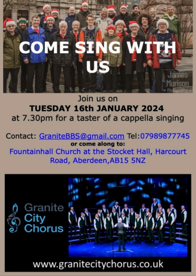 Know any men in #Aberdeen and #Aberdeenshire who like to #sing? 

They'll love you forever if you recommend the Granite City Chorus' ‘Come Sing with Us’ evening on 16thJanuary to them!

Register online - eventbrite.co.uk/e/come-sing-wi…