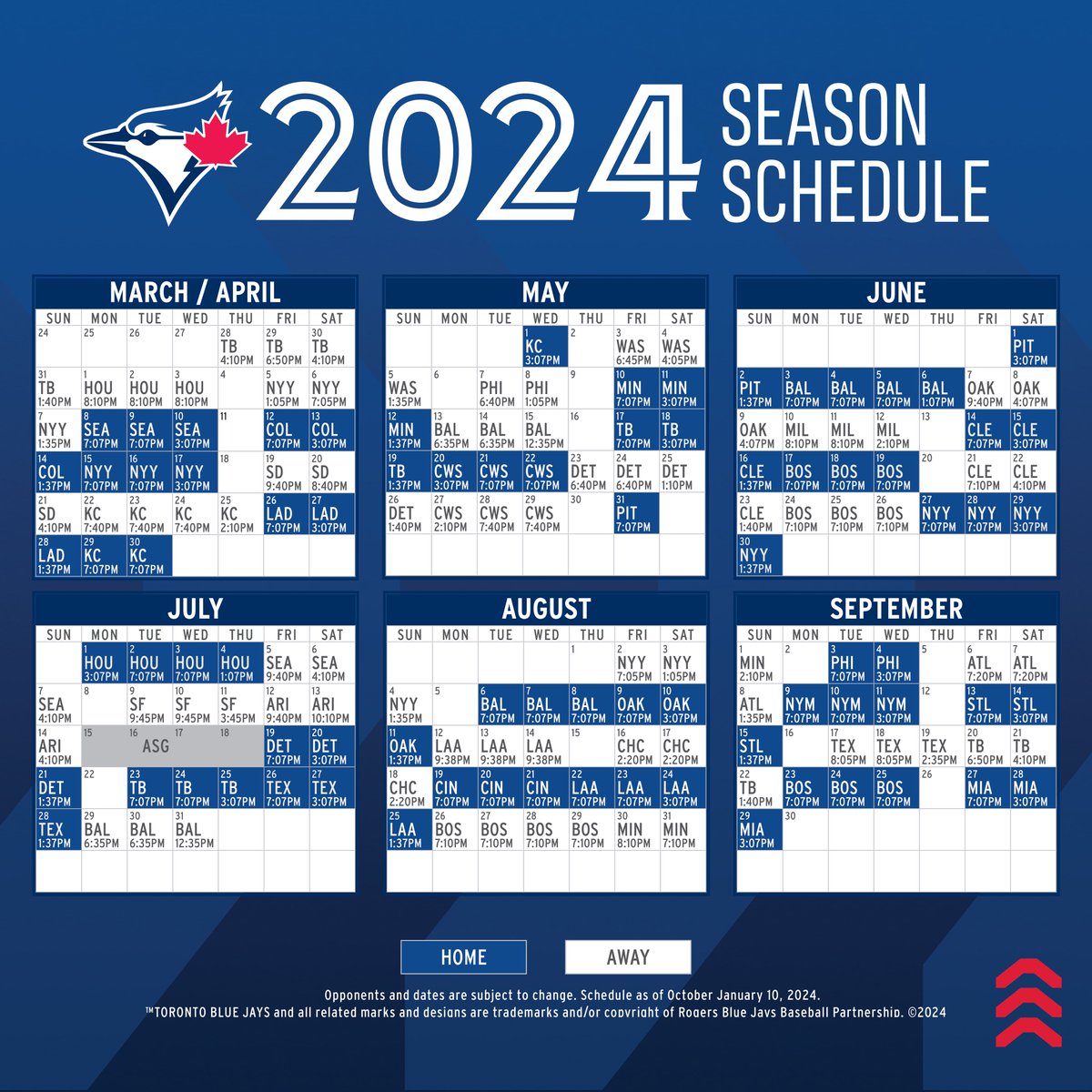Your 2️⃣0️⃣2️⃣4️⃣ #BlueJays regular season schedule with game times!