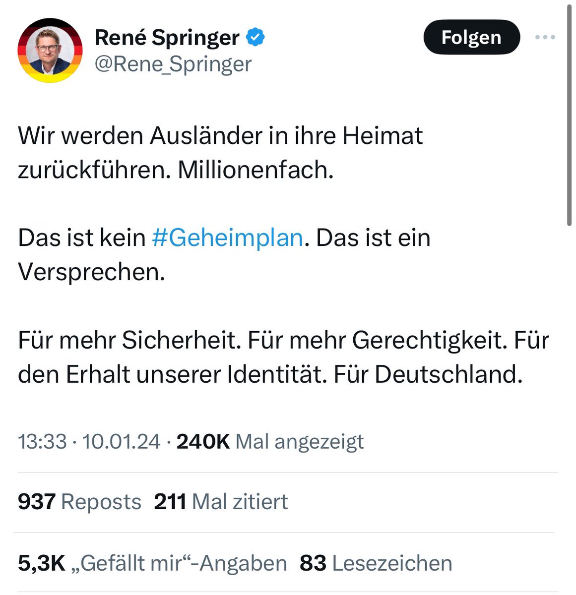 Kein Geheimplan. Die AfD kommuniziert ihre Pläne ganz offen. 
Und über 5k finden das hier toll. 
22% laut Umfragen in ganz Deutschland. 
Es wird Zeit über Ängste &amp; Sorgen der restlichen 78% oder der rund 25% Menschen mit Migrationsgeschichte (laut AfD alles Ausländer) zu sprechen