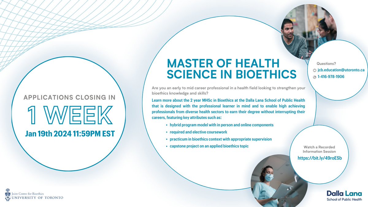 🚨🚨DEADLINE ALERT!🚨🚨 Only 1 week left to submit your application to the MHSc in Bioethics at @UofT_dlsph. Become a bioethics leader in your professional practice! 🌐