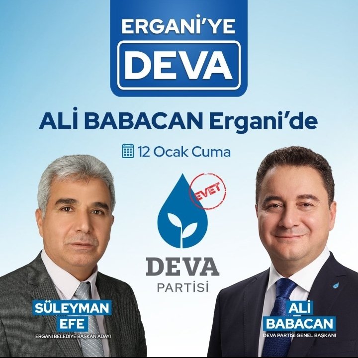 Genel başkanımız sn. Ali BABACAN   12.01.2024 tarihinde  Ergani ilçemiz halkını  ziyarete bulunacak tüm halkımızı karşılaşmaya bekleriz. <a href="/alibabacan/">Ali Babacan</a> <a href="/emin_ekmen/">Mehmet Emin Ekmen</a> <a href="/IhsanMerdanoglu/">Ali İhsan Merdanoğlu</a> <a href="/CenapDoc/">Prof.Dr.Cenap Ekinci</a> <a href="/remzikaymakk/">Remzi Kaymak</a> <a href="/akelma_mahmut/">MAHMUT AKELMA</a> <a href="/suleymanefe21/">Süleyman Efe</a> <a href="/DevaErgani_/">Ergani Deva</a>
