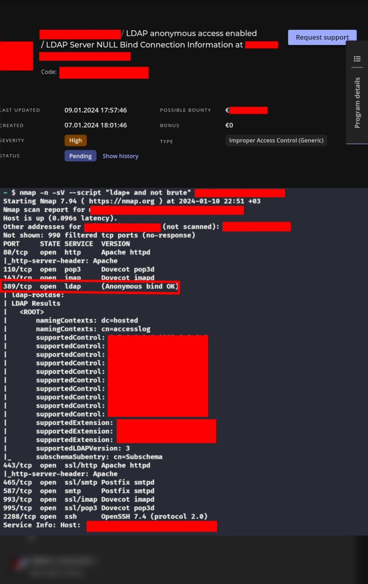 ynsmroztas's tweet photo. Be sure to perform a port scan on smtp.*.domain.* services, for example check port 389. Maybe you can access LDAP Anonymous Login Enabled Access and have lots of sensitive data exposure

nmap -n -sV --script "ldap* and not brute" mail/smtp.*.domain/ip
#BugBounty #bugbountytip https://t.co/ETrBzsIGrU