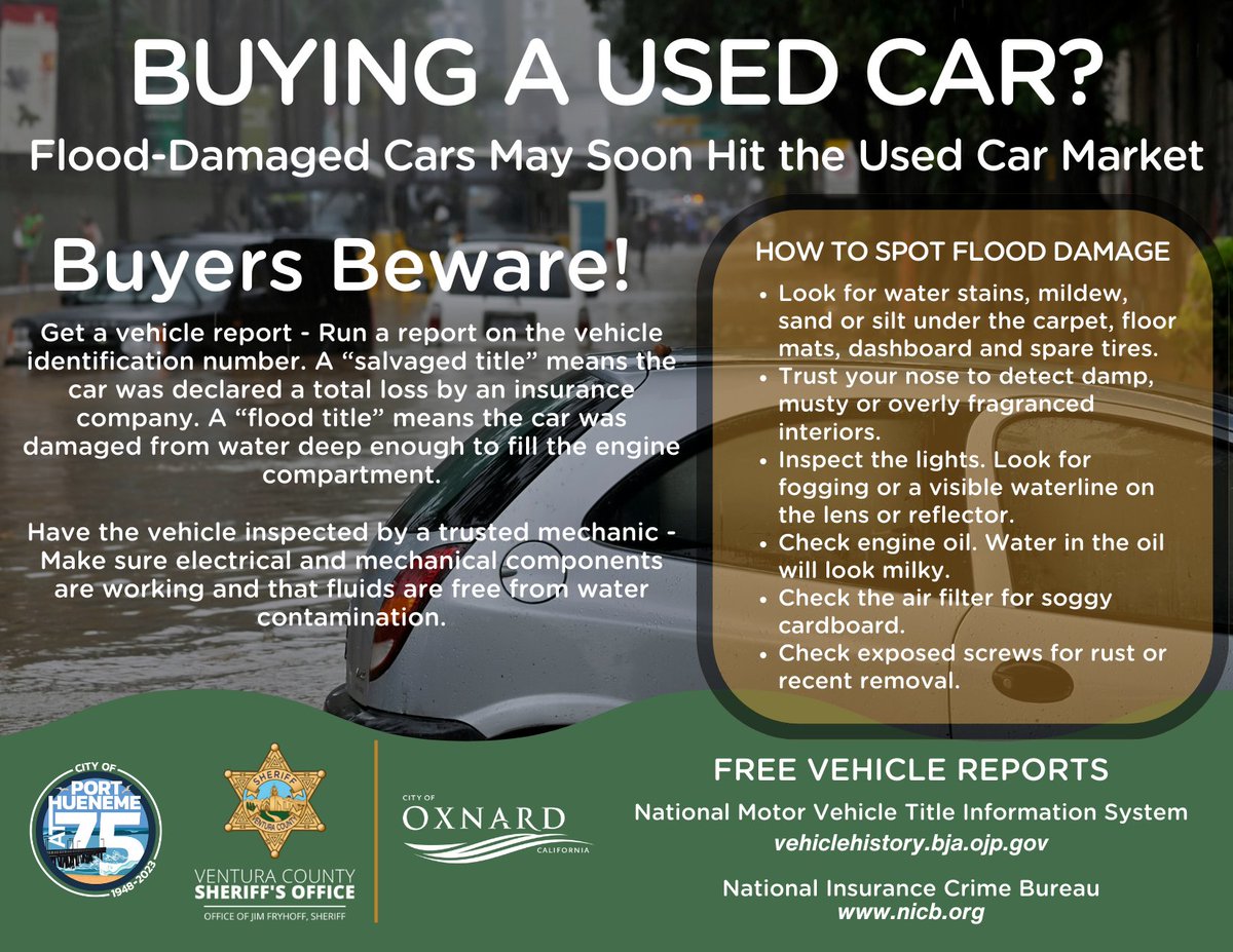 The December 2023 storms caused flood damage to over 600 vehicles in Ventura County. Some of those cars may eventually reappear on the used car market. Learn how to spot flood damage before you buy. #VCSheriff #Flood @CountyVentura @CityofOxnard @PortHuenemeCA