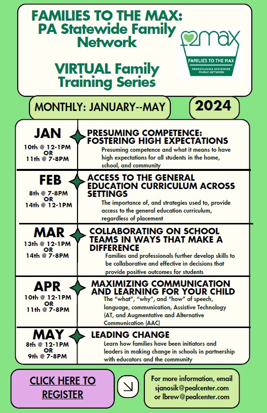 Join F2MAX for trainings created for families! Come discuss special education topics, network with families from across the state and relax in virtual sessions that fit your needs and schedule. Courses may be taken individually or as part of the series: tfaforms.com/5101188