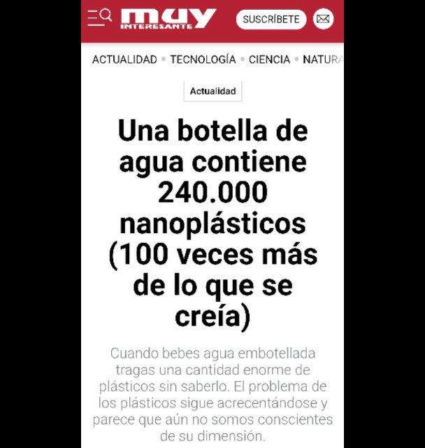 1 litro de agua embotellada contiene 240.000 nanoplásticos, x100 veces lo que se creía
muyinteresante.es/actualidad/630…
Tragas una cantidad enorme de plásticos sin saberlo. El problema de los plásticos sigue acrecentándose y parece que aún no somos conscientes de su dimensión.