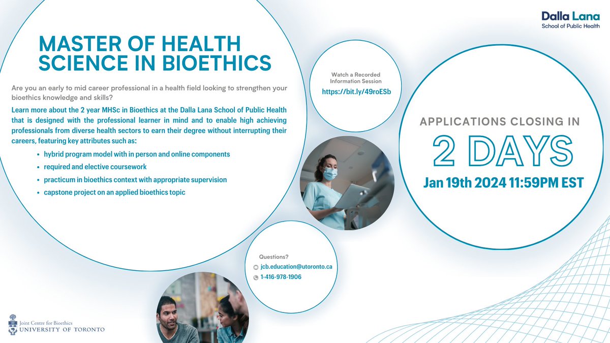 🚨🚨 DEADLINE ALERT - TWO MORE DAYS! 🚨🚨 We are looking forward to your application to the MHSc in Bioethics at the @UofT_dlsph. Join us in transforming health through bioethics! 🌐