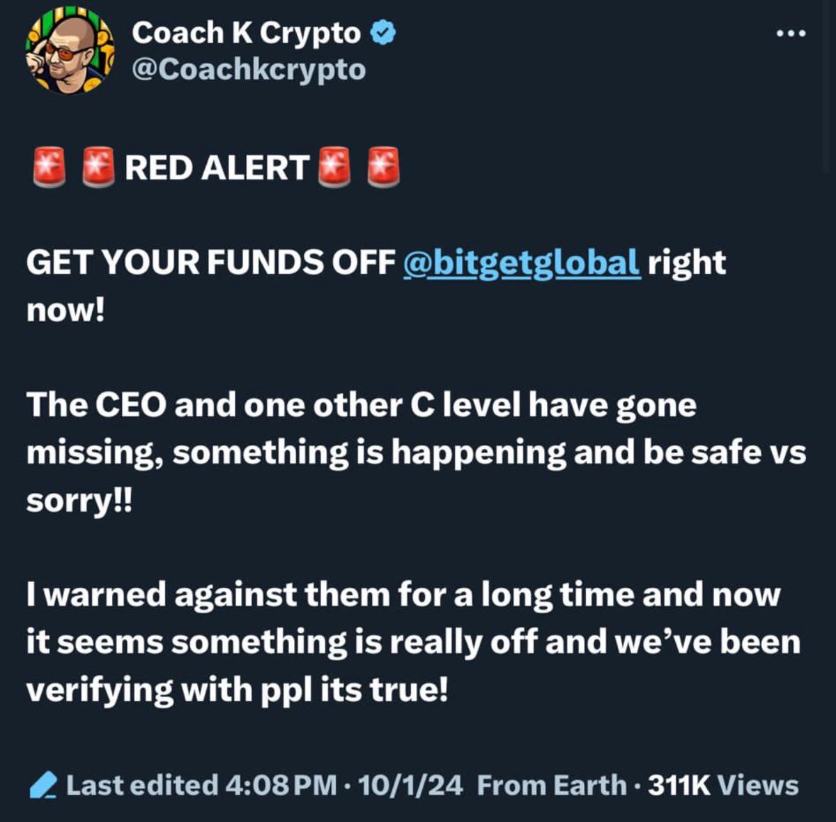 MMCrypto's tweet photo. As I did promote Bitget in the past I feel it’s my responsibility to share the most recent information I got from different sources. 

Please understand that I don’t want to make FUD and that nothing is confirmed. I however think that it may be smart to withdraw your funds, if you feel insecure with the not confirmed evidence we have so far. 

I will also stop promoting Bitget until this is resolved & I distance myself from the exchange from now on until we know more. 

Any Bitget employee can feel free to reach out to me and clarify. Once clarified I can revive the relationship. If not 100% clarified I will make an even stronger statement.
