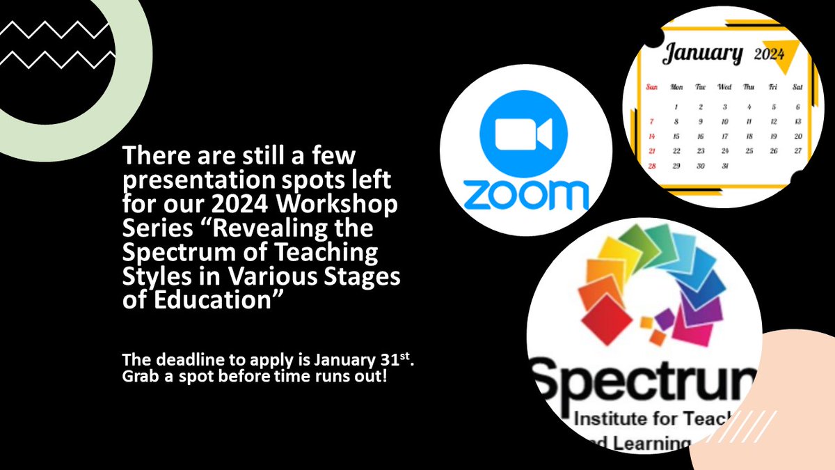 spectrumots's tweet photo. We are still looking for presenters for our 2024 Workshop Series. The deadline to apply is January 31st. See the link below to download the invitation and application. https://t.co/2HsH6maB1M #workshop #spectrumofteachingstyles #callforpresenters #ApplyNow #education https://t.co/CXVbCMgQSc