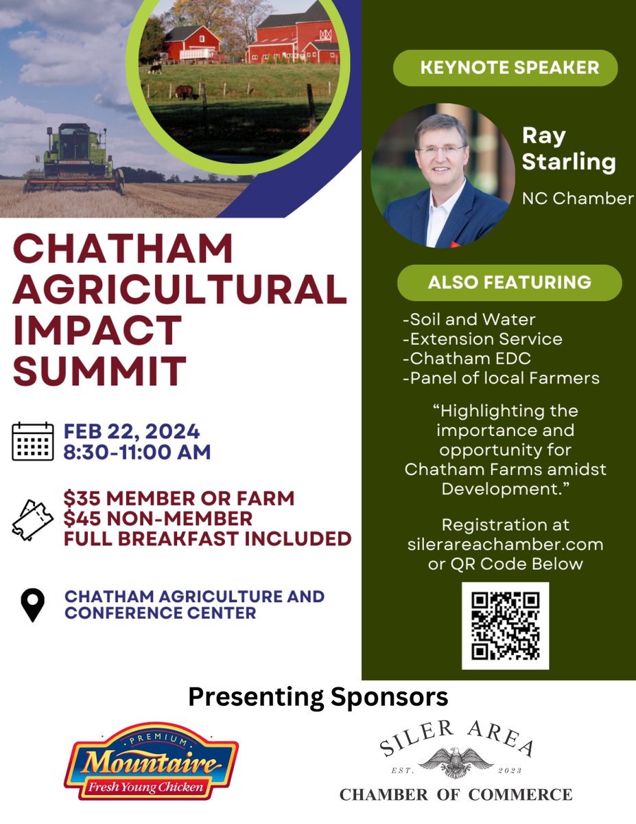 ChathamCoopExt's tweet photo. Chatham Agricultural Impact Summit
Date: February 22, 2024
Time: 8:30am-11:00am
Venue: Chatham County Agriculture &amp; Conference Center, Pittsboro, NC
Registration: https://t.co/NM8eemJ9H8
Pricing: $35 for members/farms and $45 for non-members https://t.co/wJsn1eu3qj