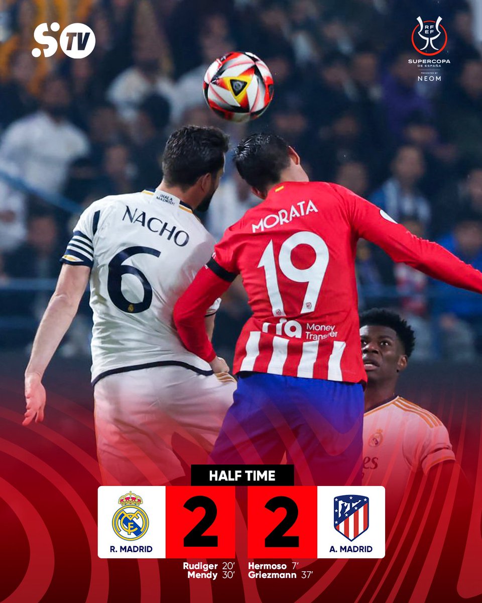 SportyTV's tweet photo. HT: Real Madrid 2️⃣ - 2️⃣ Atletico Madrid.
Second half is underway, share your expectations.😍
#SportyTV #SpanishSuperCup #ReaAtl #RealAtletico https://t.co/mzQK04KivW