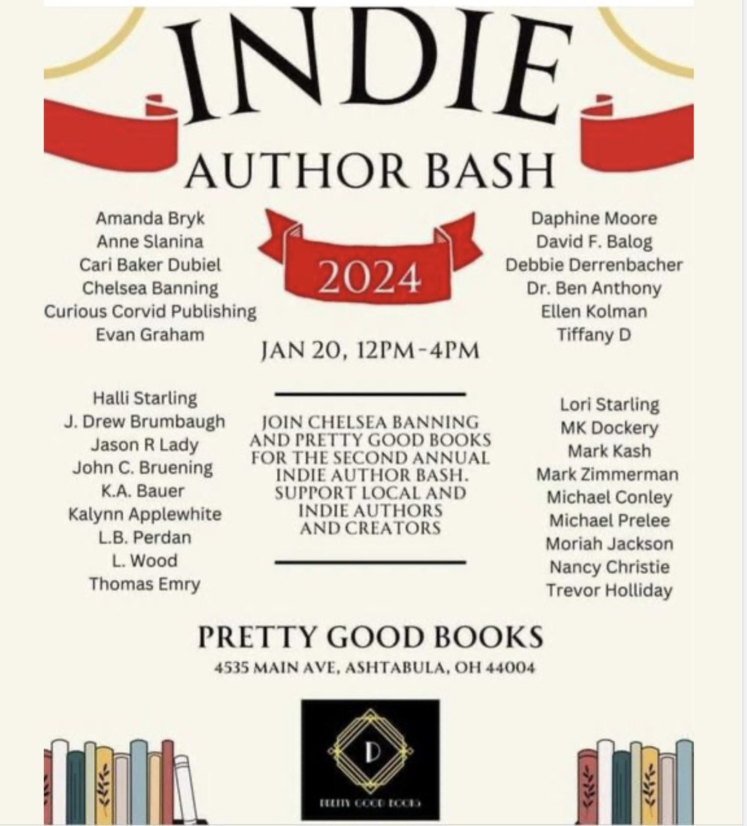 jimdrew547's tweet photo. Big Event!
January 20, 2024, from Noon to 4 PM at @Pretty_Good_Bks 4535 Main Ave. Ashtabula, OH, 44004. 30 authors all in one place. Drop by, chat about books, get a book signed and find new authors. #books #BooksWorthReading #bookevent #readersoftwitter #readingcommunity https://t.co/PWLW3V3CEm