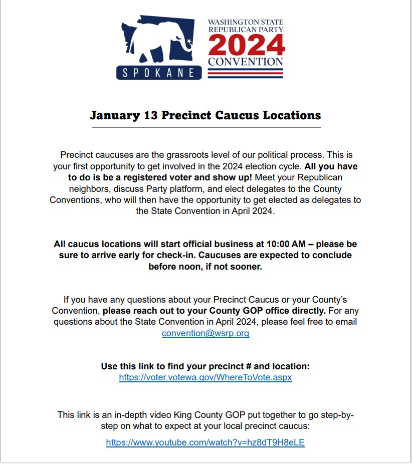 Susan_Dupres's tweet photo. WASHINGTON STATE
** WA STATE REPUBLICAN CAUCUS **
Saturday, Jan. 13, 2024
To find your precinct and location:
https://t.co/3ueU0H5bWj
Info on Caucus:
https://t.co/SWxD87oJ8h
#waleg
#WAGOP
#WACaucus
WA GOP Caucus info for Lewis County, WA residents:
https://t.co/LY8Yl0JcTR https://t.co/ZDluCmYpFU