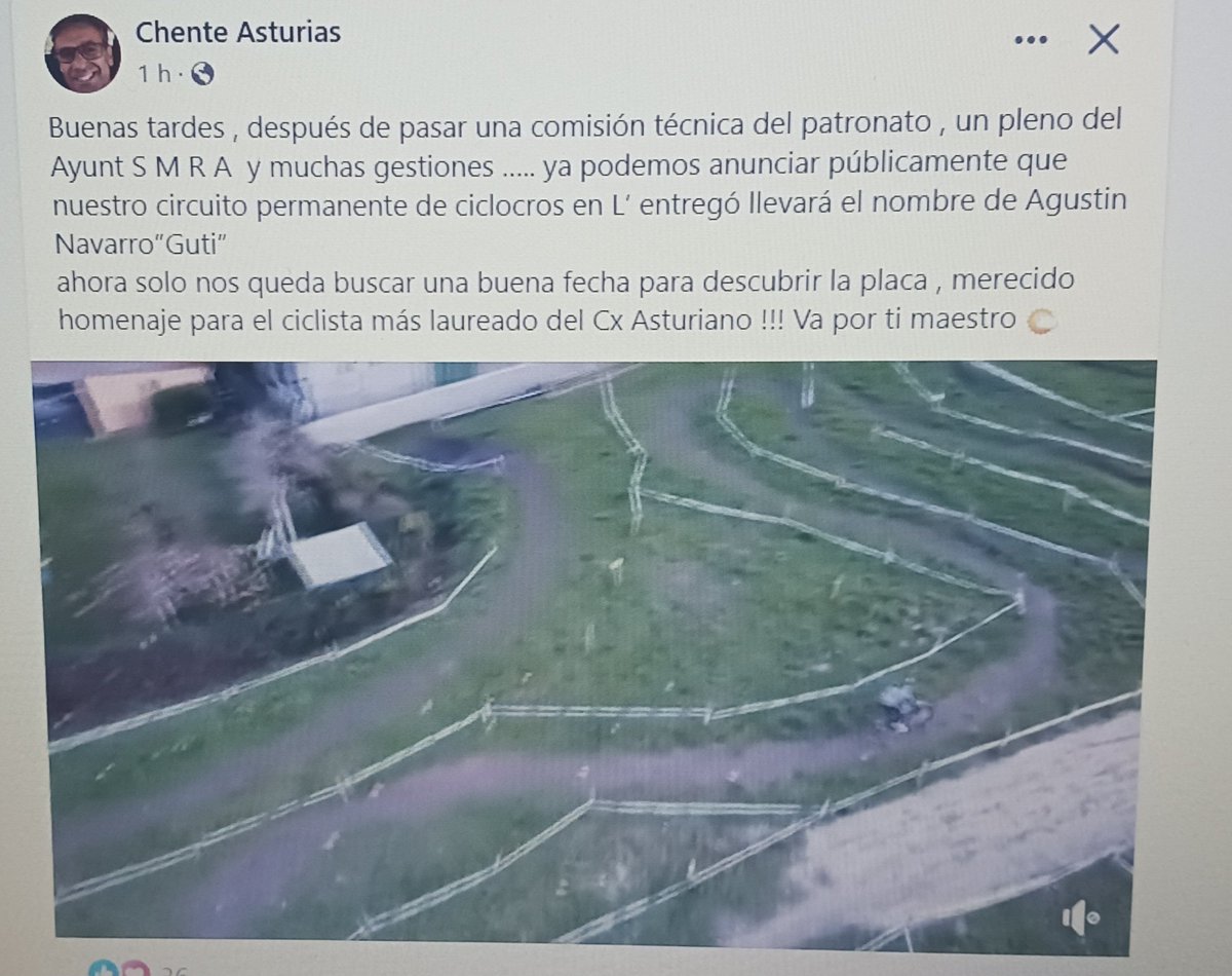Vicente Merino director de cyclea anuncia en sus redes sociales que el circuito permanente de ciclocross de El Entrego llevará el nombre de Circuito Agustín Navarro "Guti" en memoria del fallecido corredor.#CxElEntrego #CxAsturias #CECXAmurrio24