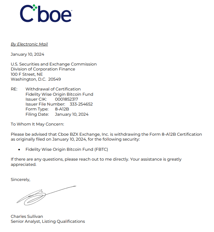 BitcoinMagazine's tweet photo. JUST IN - These six spot #Bitcoin ETFs will begin trading on CBOE tomorrow if the SEC approves: 🚀

— VanEck 
— Fidelity  
— Franklin 
— WisdomTree 
— ARK 21Shares
— Invesco Galaxy

UPDATE: CBOE is currently withdrawing the S-1 accelerations, presumably because SEC has not yet given official approval.