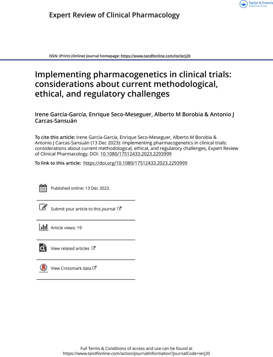 📰¡New article! Implementing pharmacogenetics in clinical trials: considerations about current methodological, ethical, and regulatory challenges 👨‍🔬👩‍🔬Irene García-García, Enrique Seco-Meseguer, Alberto M Borobia & Antonio J Carcas-Sansuán