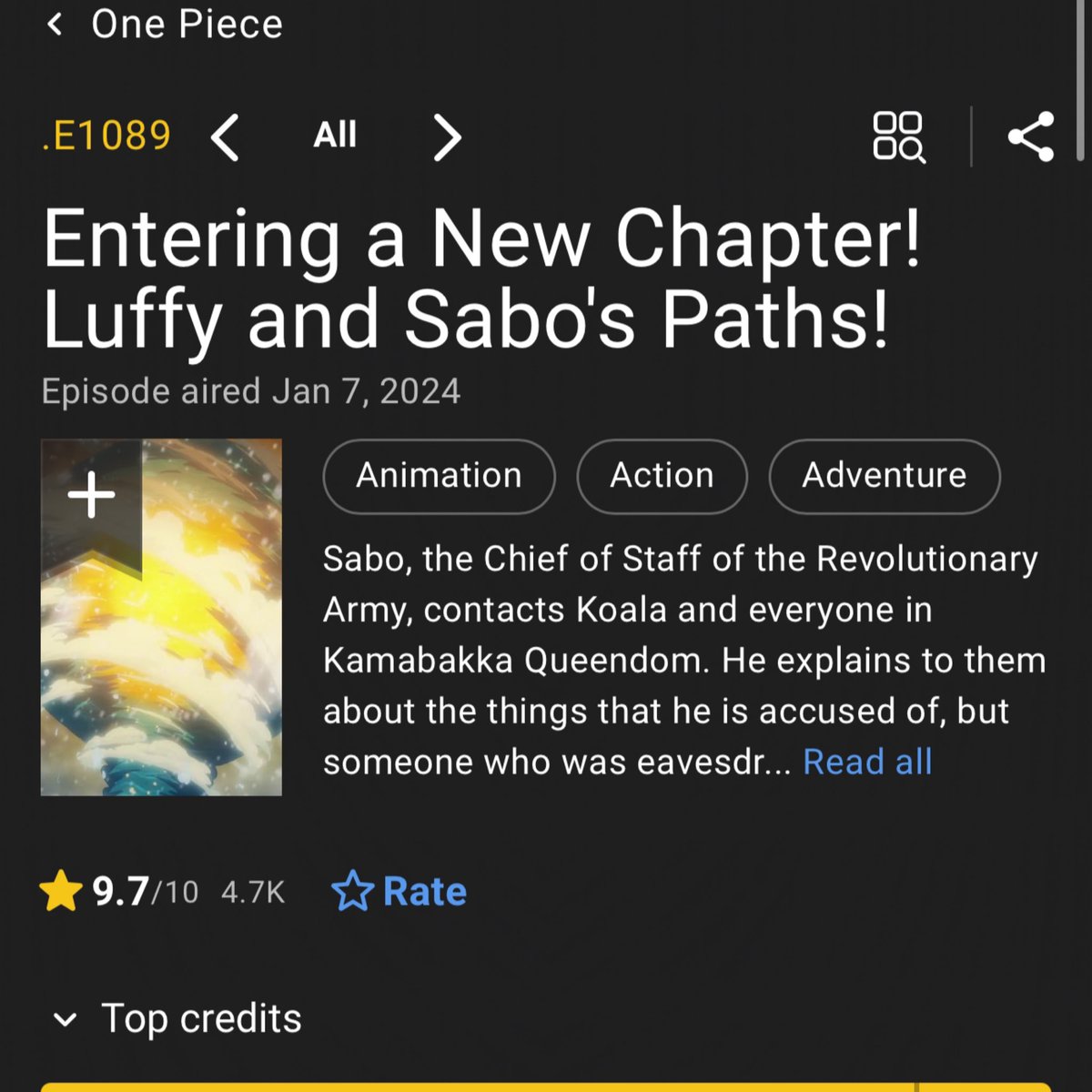 boofywock's tweet photo. Episode 1089 is the highest rated one piece episode on IMDB!! https://t.co/UzWcV7cjph