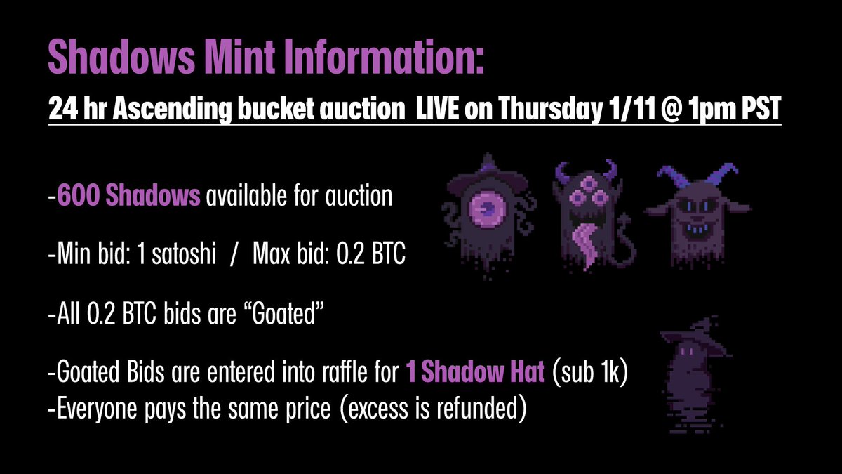 THE SHADOWS MINT  

There are a lot of details. Please review the website and rules, which I've linked below  

600 Shadows will be sold in a 24-hour ascending bucket-auction on BTC starting Thursday, January 11th at 1pm Pacific  

(Everyone pays the same price)