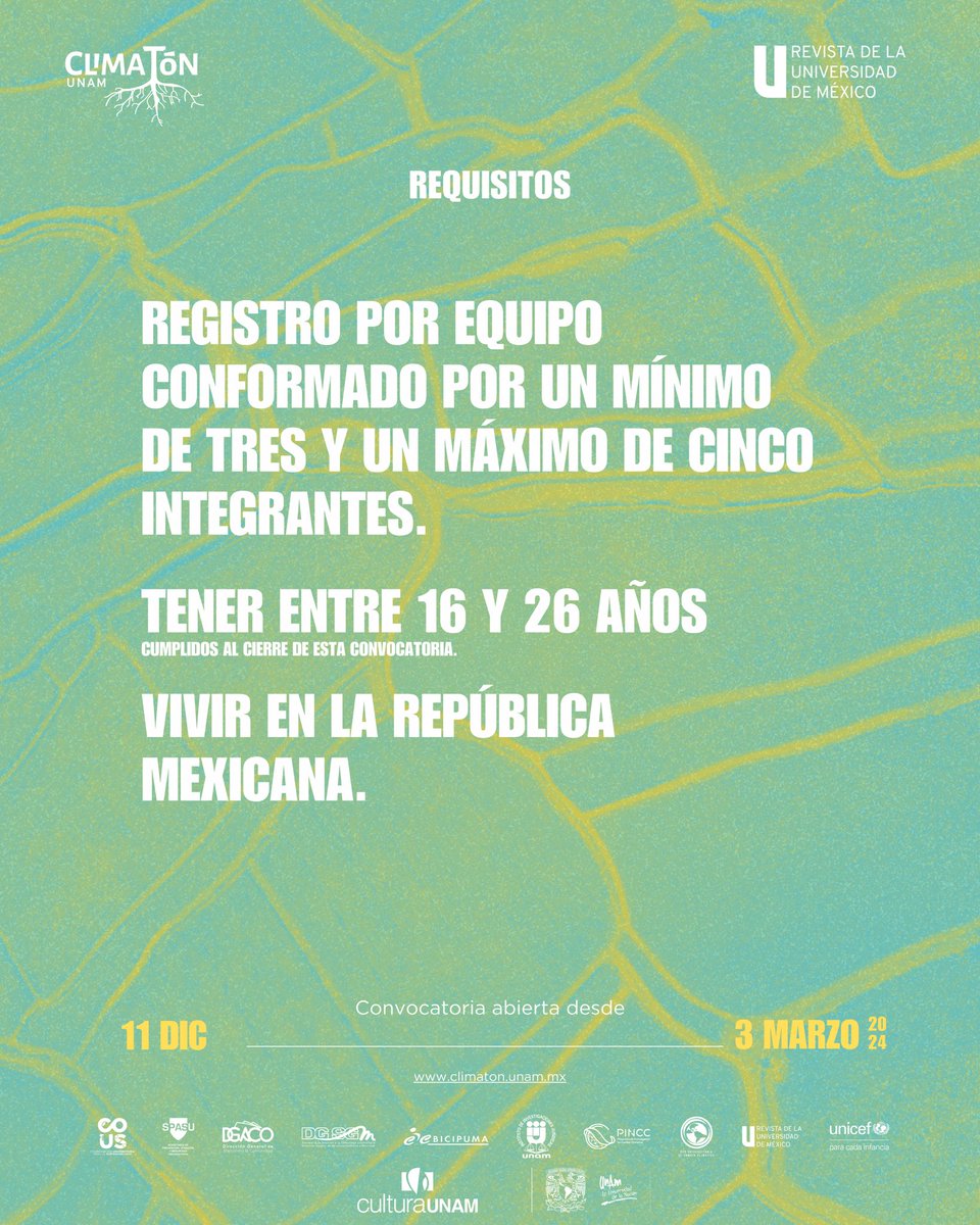 climatonunam's tweet photo. Conoce los requisitos para postularte en la página https://t.co/YghsBEUja9. Regístrate a partir del 15 de enero llenando el formulario. Para cualquier duda o aclaración, escribe a climaton@revistadelauniversidad.mx.
¡Esperamos tu proyecto!
#Climaton #CuartaEdición #ClimatonUNAM https://t.co/w88nE0YZDn