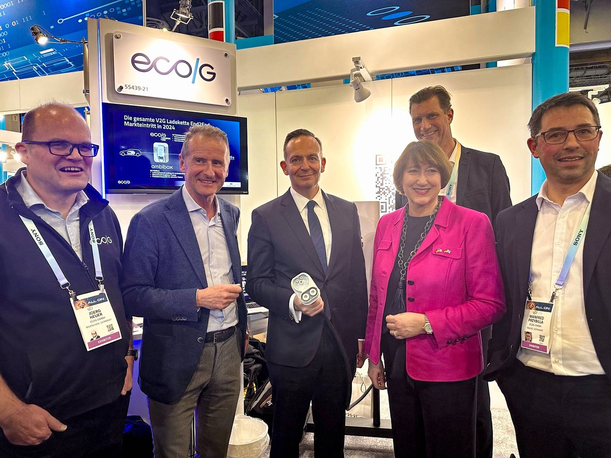 We're proud to join forces with <a href="/AmbiBox_GmbH/">Ambibox GmbH</a> and #EcoG at #CES2024📷. Together, we are showcasing Vehicle-to-Grid (#V2G) tech. Day 1 has been a great success, welcoming Volker <a href="/Wissing/">Volker Wissing</a>, Fed Minister for Digital and Transport, and Hildegard Müller, President of the <a href="/VDA_online/">VDA</a>.
