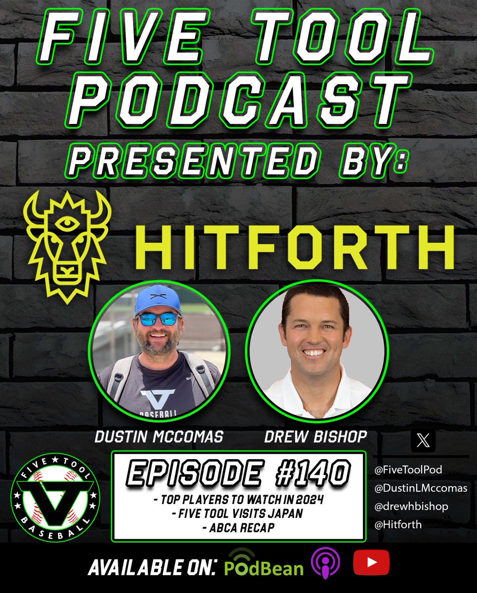 Episode1️⃣4️⃣0️⃣of the @FiveTool Podcast - presented by @Hitforth With:@DustinLMcComas & @drewhbishop Mentions:@21JacksonBurns @Matt_Boughton10 + more! 🤔ABCA recap, top players to watch in 2024, & Five Tool visits Japan 🔗fivetool.org/podcasts 🍎 podcasts.apple.com/us/podcast/the…