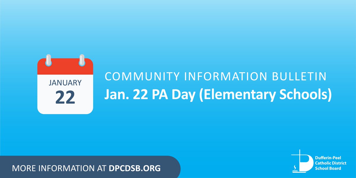 January 22, 2024, is a Professional Activity Day for DPCDSB elementary schools. As per the Education Act R.R.O. 1990, Regulation 304, details about PA days are to be made available to parents/guardians. ➡More information: dpcdsb.info/PADay-Jan22