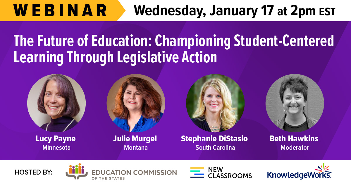 Tomorrow, Jan 17, 2-3 p.m. EST, we're unlocking insights on redefining education post-pandemic. Be part of the conversation with representatives from MN, MT, SC and experts from KnowledgeWorks, @EdCommission and @NewClassrooms. Register ASAP: ow.ly/8UgB50QpJjw