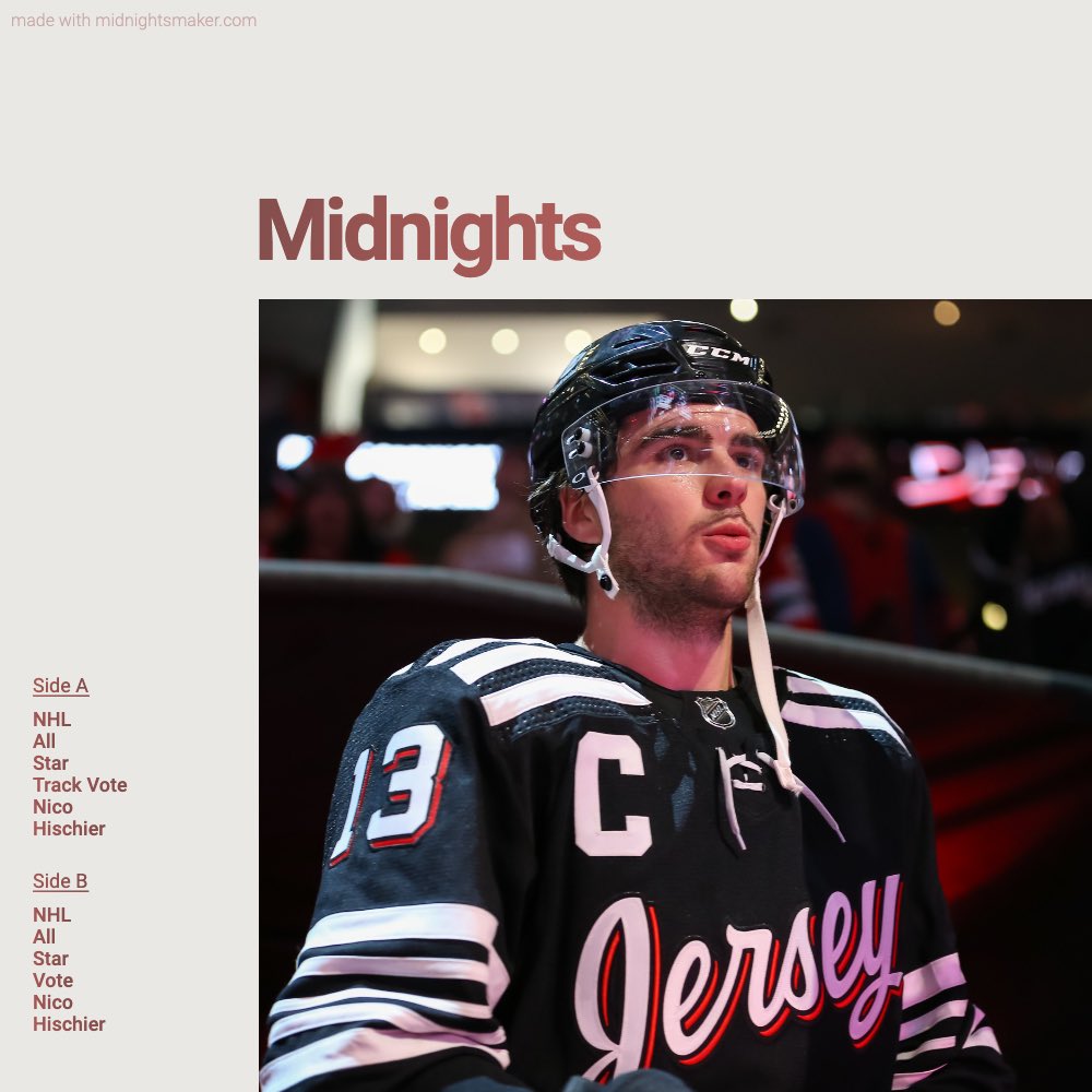 yslswift's tweet photo. Playing these albums on repeat. Keep retweeting. @NJDevils 

#NHLAllStarVote  Nico Hischier
#NHLAllStarVote  Luke Hughes 
#NHLAllStarVote  Jesper Bratt 
#NHLAllStarVote  Tyler Toffoli 
#NHLAllStarVote  Timo Meier https://t.co/x9qMPHCRRt