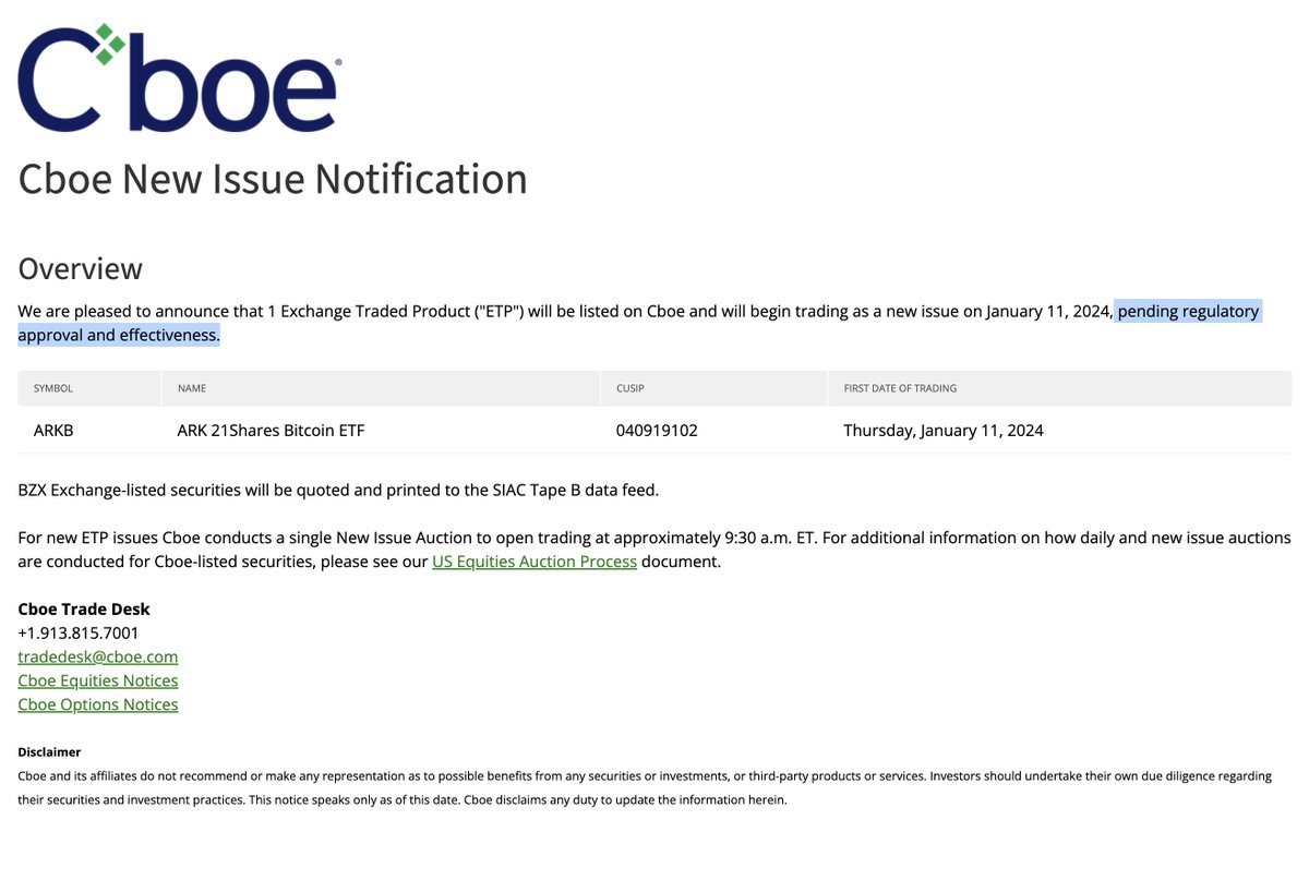 BESTÄTIGT: Die CBOE hat ihre interne Genehmigung für den Handel der #Bitcoin Spot ETF's auf den 11.01 geändert und erwähnt jetzt, dass es von der regulatorischen Genehmigung abhängt! 🚨