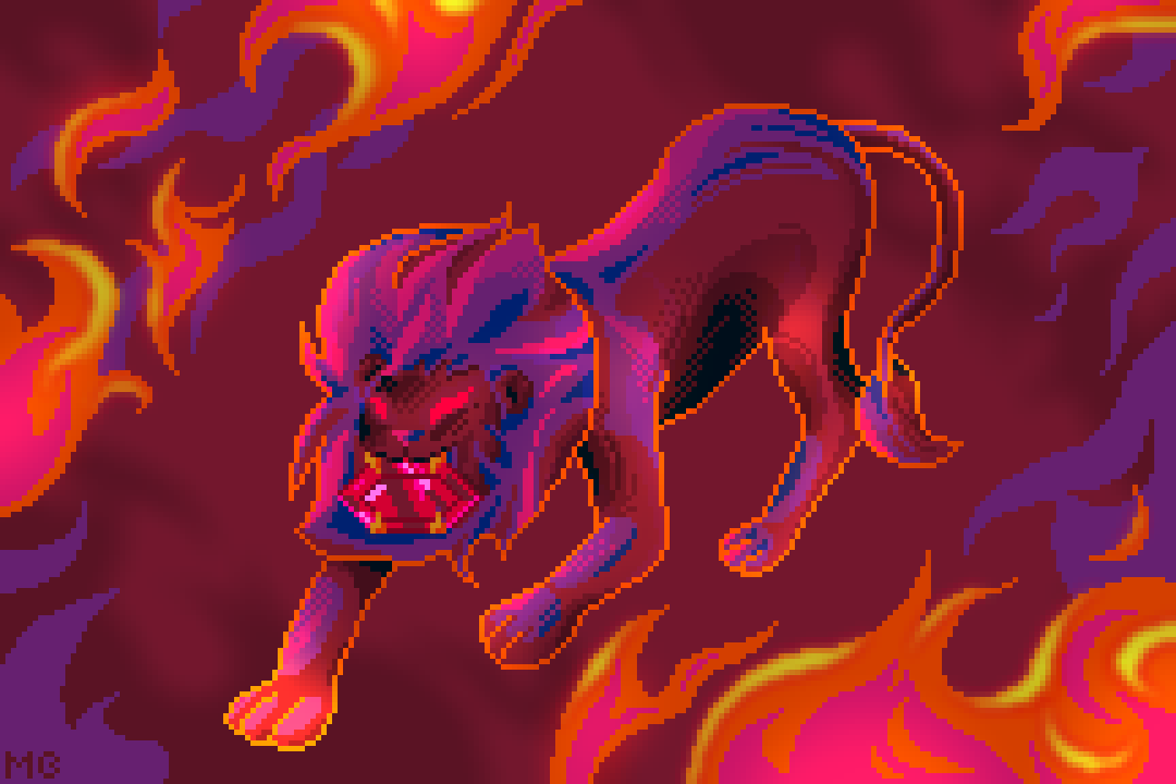 Ruby Leo

This one was really just fun to experiment with colours. The idea was also just a bit of fun. It's zodiac sign and my supposed birth stone.

#pixelart #art #illustration #pixel #aseprite #lion #nature #fire #starsign #zodiac #birthstone #leo #ruby