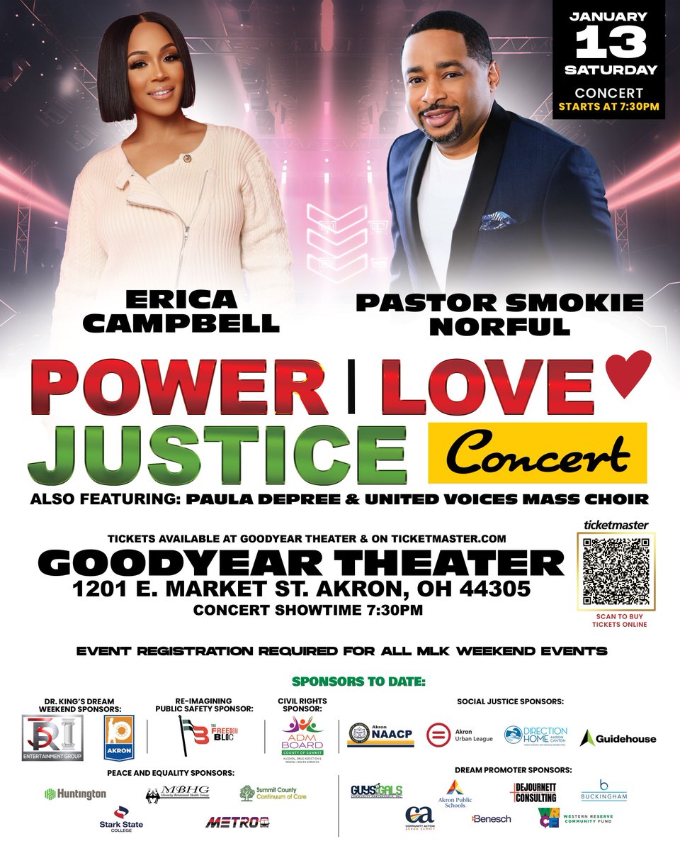 Come join Smokie Norful and Erica Campbell this Saturday at the Goodyear Theatre during the Power, Love, and Justice Weekend to commemorate the life and legacy of Dr. King. #MLKWeekend2024 buy tickets buff.ly/3TSjmtv