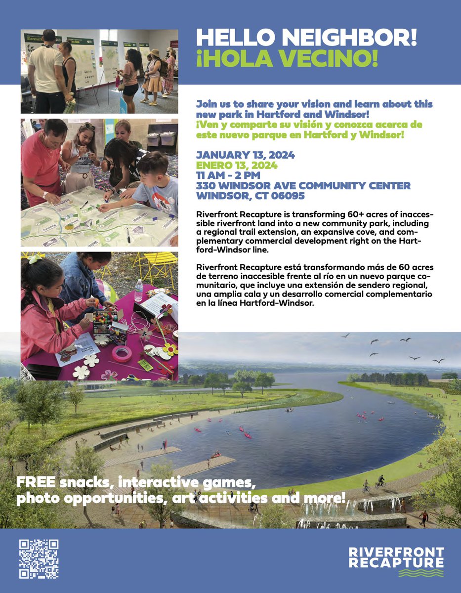 ICYMI: Our first Community Workshop is this Saturday, open to future park users of all ages, with snacks, interactive games, art activities &amp; more. Share your vision with us &amp; dream big! 

📅 1/13, 11 - 2
📍330 Windsor Ave Community Center

More info: riverfront.org/events/communi…